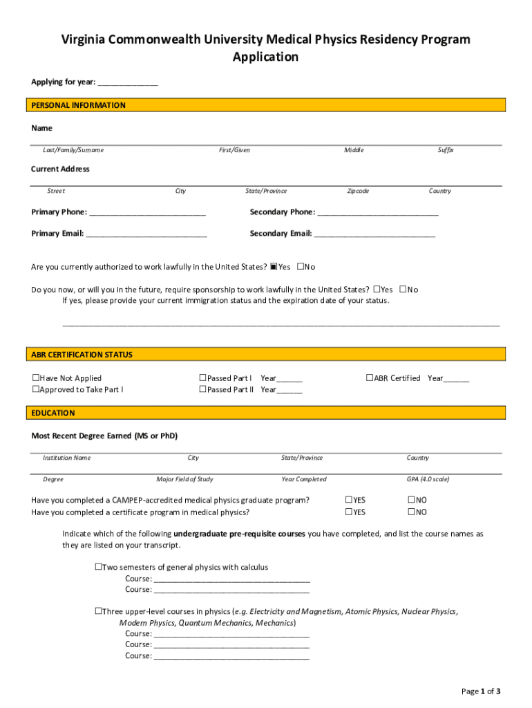 Fillable Online Medical Physics Graduate Degrees and Certificate VCU Fax Email Print pdfFiller