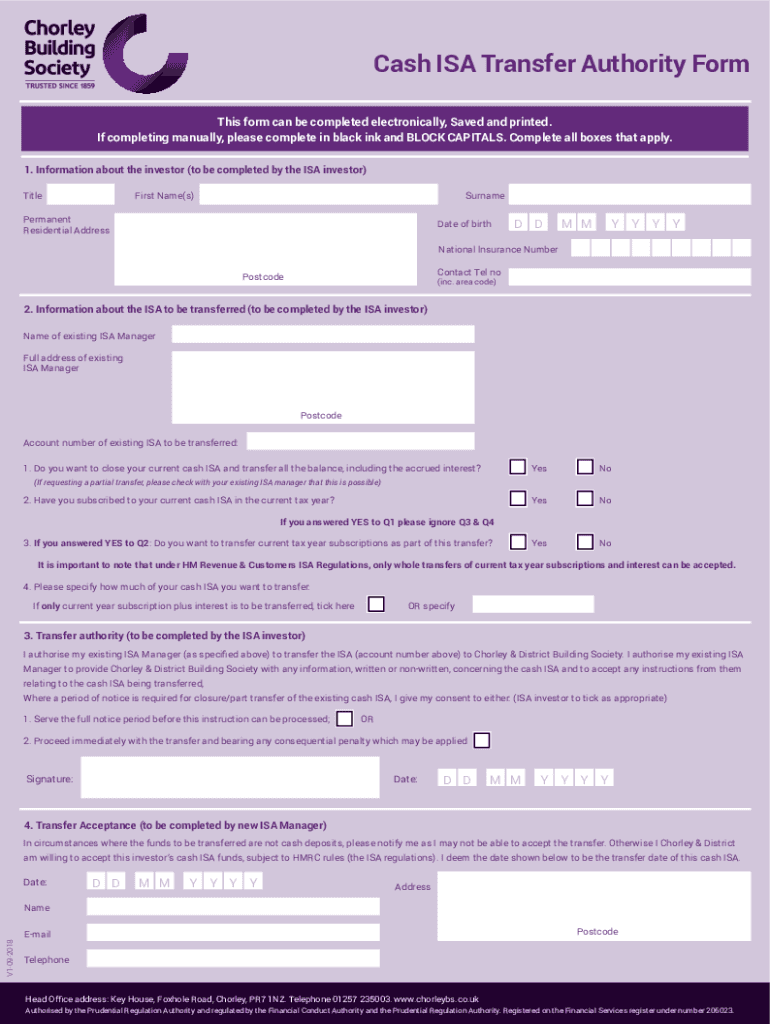 Fillable Online CASH ISA TRANSFER AUTHORITY FORM Reliance Bank Fax