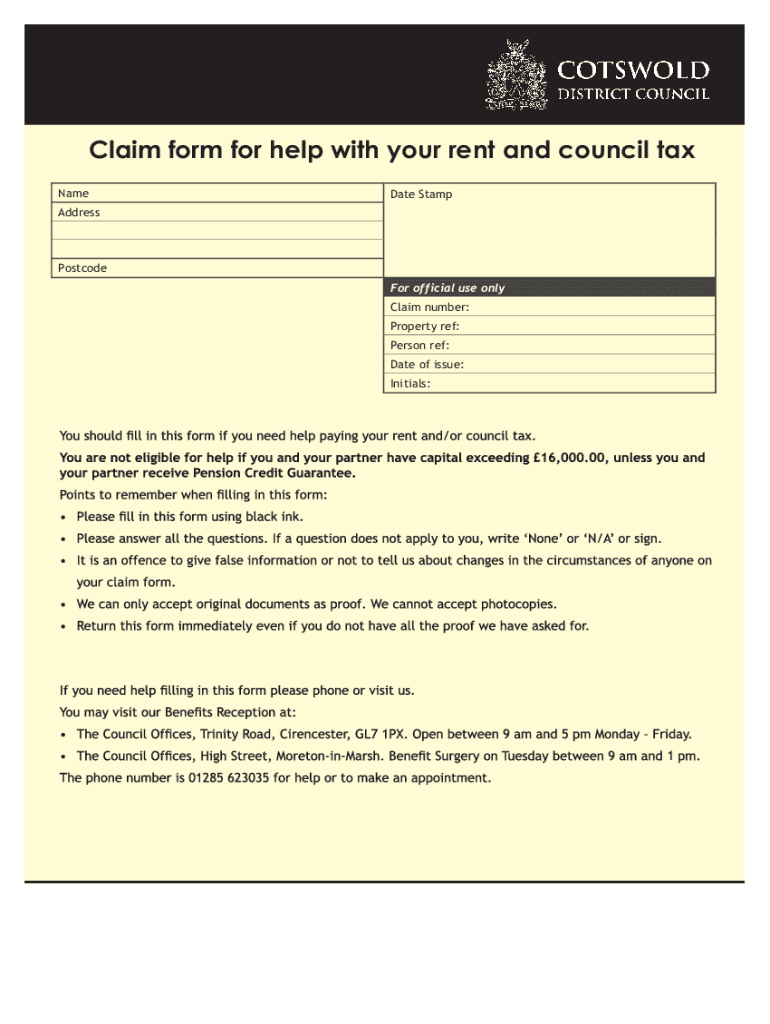 Fillable Online cotswold gov Claim form for help with your rent and