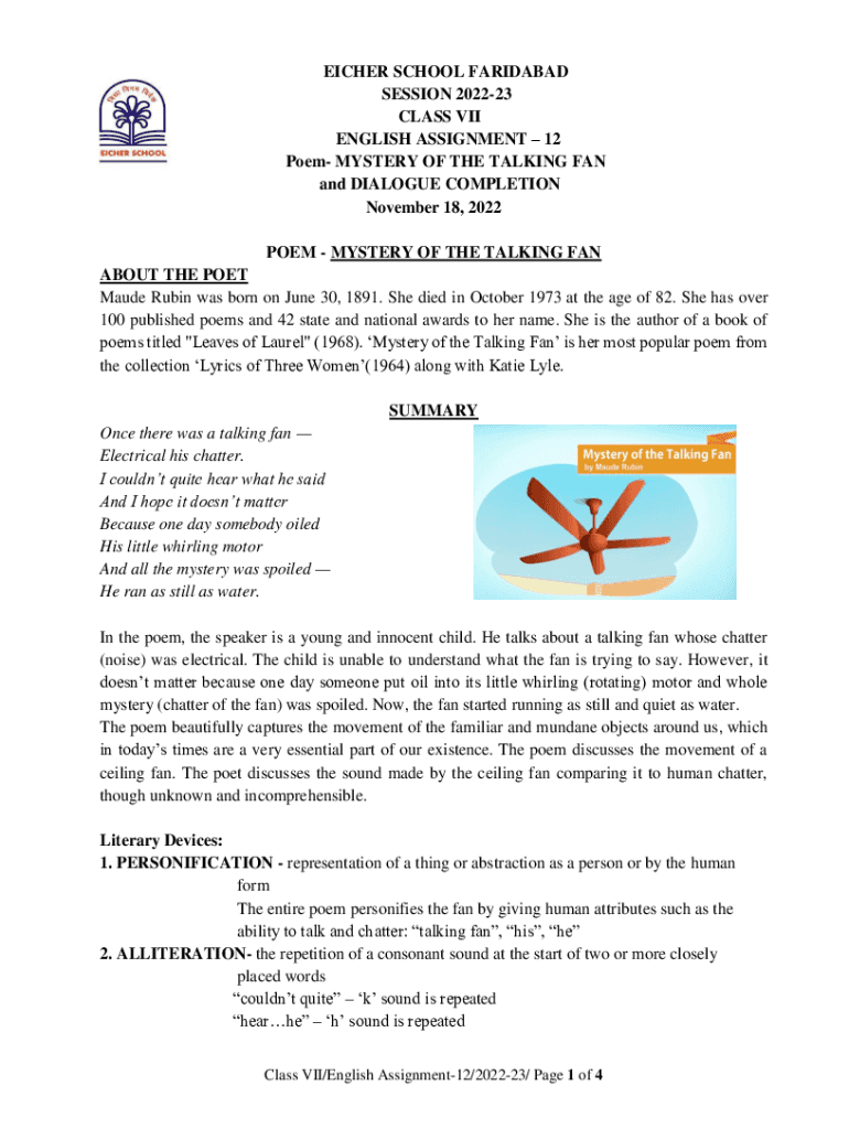 Fillable Online Mystery of the Talking Fan (Poem) class 7th english