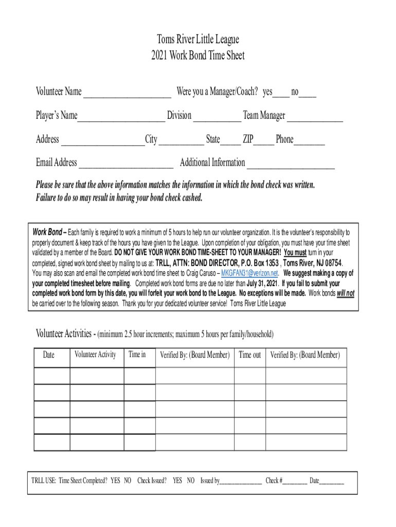 Fillable Online Toms River Little League 2021 Work Bond Time Sheet Fax