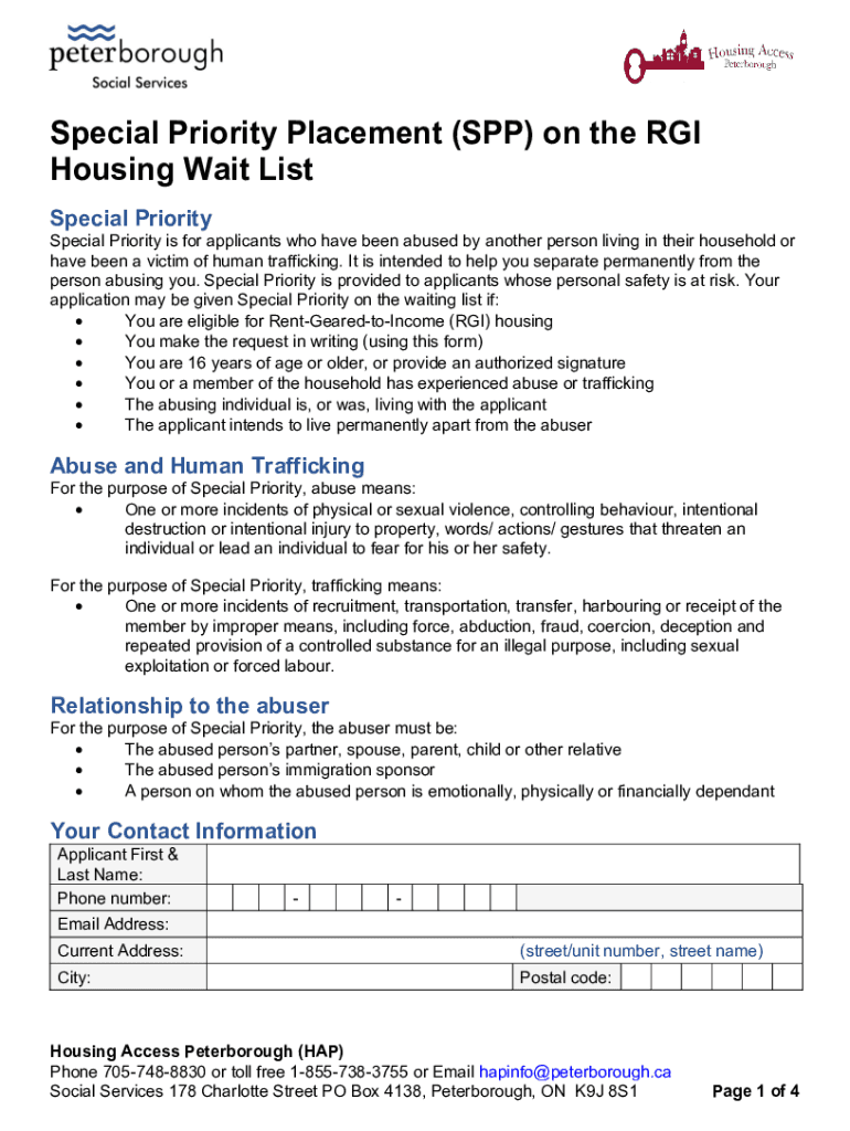 Fillable Online Special Priority Placement on the RGI Housing Waiting List. Request an