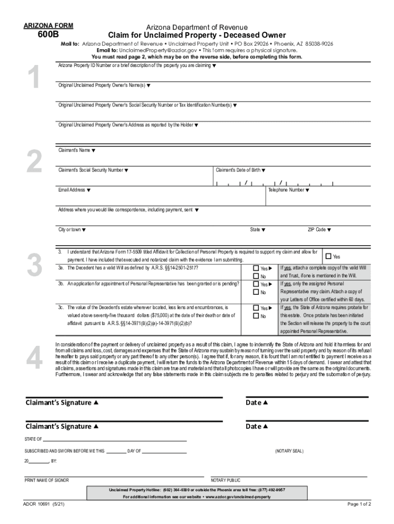 Arizona Form 600 B Claim for Unclaimed Property - Deceased Owner Preview on Page 1