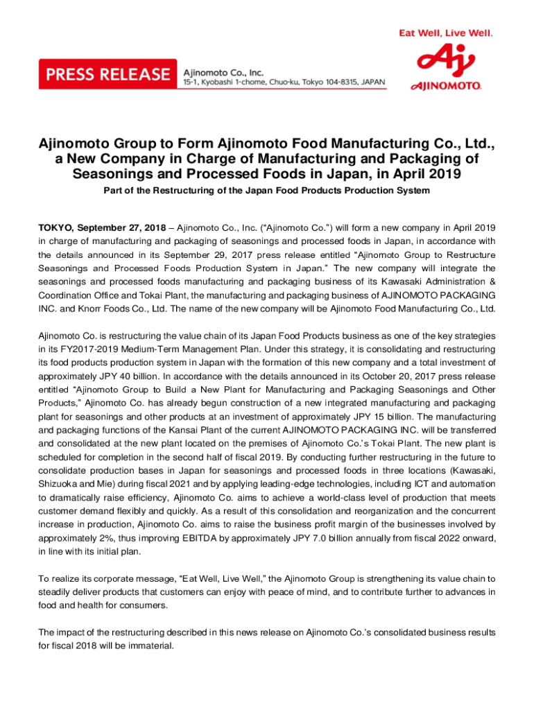 Fillable Online Ajinomoto Group to Form Ajinomoto Food Manufacturing Co