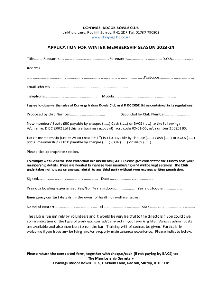 Fillable Online Donyngs Indoor bowling Club, information Fax Email