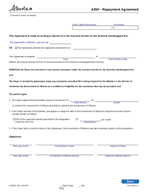 AISH - Repayment Agreement. Agreement used to outlining clients repayment of AISH benefits.