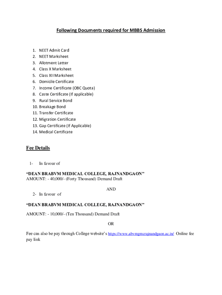 Fillable Online What documents are required for an MBBS medical college