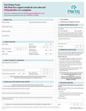 Fillable Online Pet Claim Form Vet fees for urgent medical care abroad ...