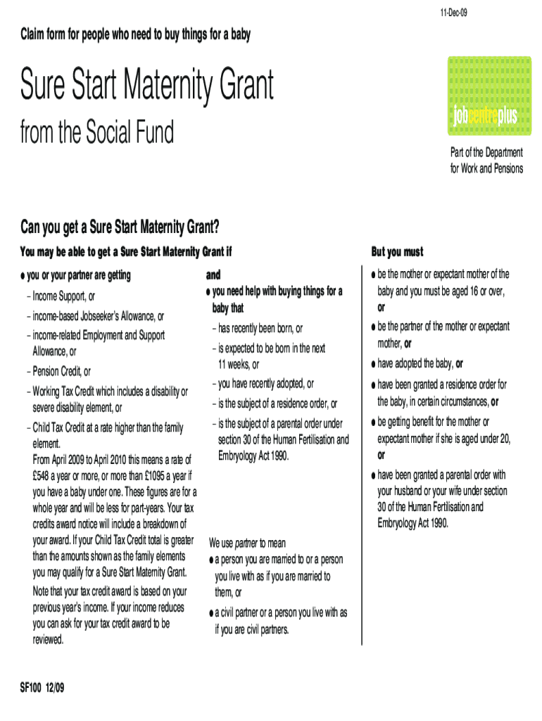 Fillable Online Sure Start Maternity Grant claim form Fax Email Print