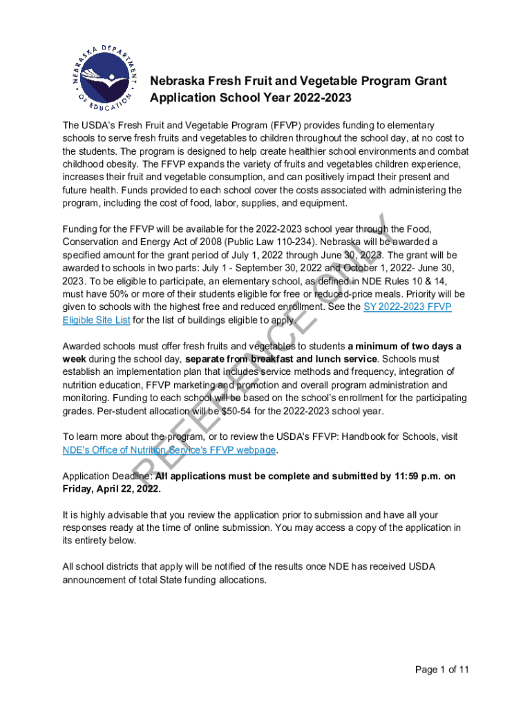 Fillable Online Nebraska Fresh Fruit and Vegetable Program Grant Fax