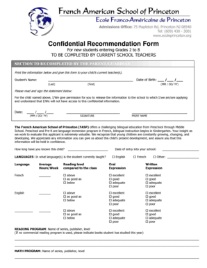 Confidential Recommendation Form for New Students