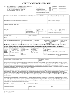 Certificate of Insurance for Indiana Patient's Compensation Fund