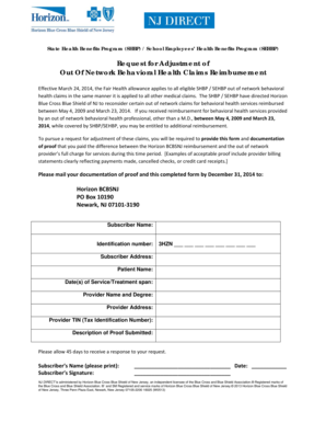 Request for Adjustment of Out of Network Behavioral Health Claims Reimbursement