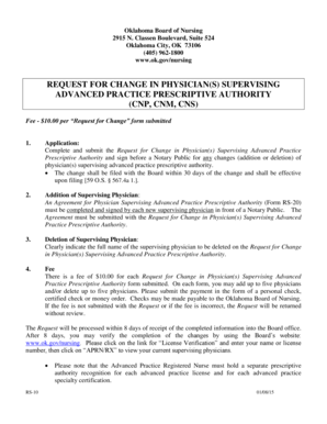 Request for Change in Physician Supervising Advanced Practice Prescriptive Authority