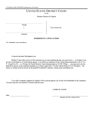 US Federal Civil Action Summons