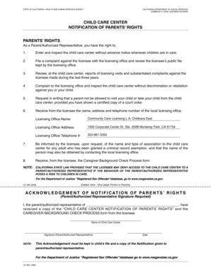 California Child Care Center Parents' Rights Notification