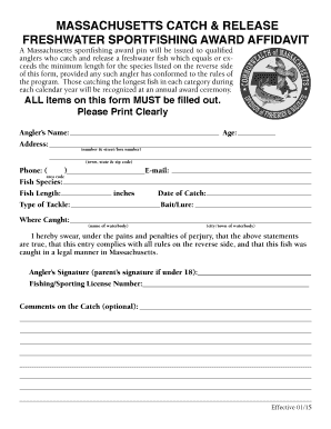 Massachusetts Freshwater Sportfishing Award Affidavit