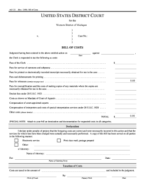 US Federal Bill of Costs Form