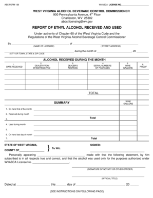 West Virginia Alcohol Report Form 139