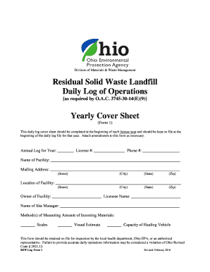 Daily patient log template - Residual Waste Landfill Daily Log of Operations Yearly Cover Sheet - epa ohio