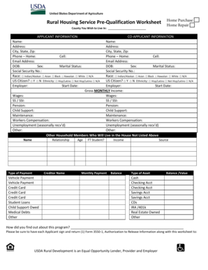 USDA Rural Housing Pre-Qualification Worksheet