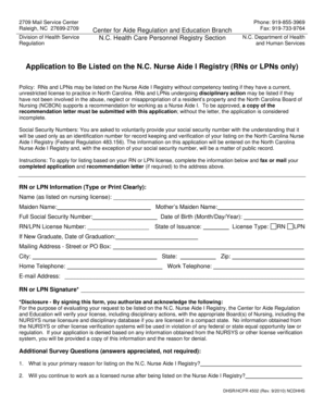 N.C. Nurse Aide I Registry Application