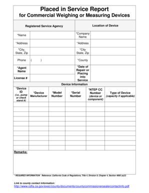 Placed in Service Report for Weighing Devices