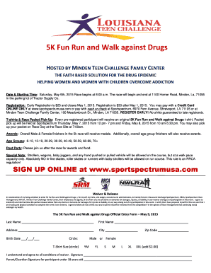 5K Fun Run and Walk against Drugs HOSTED BY MINDEN TEEN CHALLENGE FAMILY CENTER THE FAITH BASED SOLUTION FOR THE DRUG EPIDEMIC HELPING WOMEN AND WOMEN WITH CHILDREN OVERCOME ADDICTION Date &amp