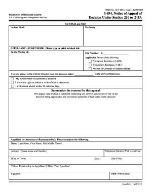 USCIS Form I-694 Notice of Appeal