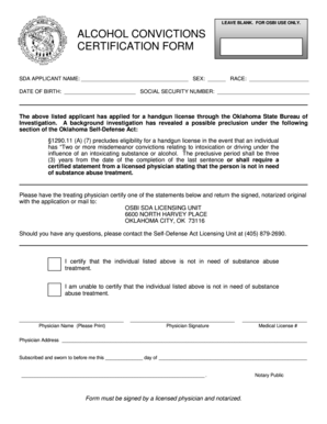 Oklahoma Handgun License Alcohol Conviction Certification Form