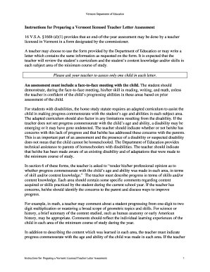 Vermont Licensed Teacher Home Study End-of-the-Year Assessment Form