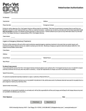 Veterinarian Authorization Form