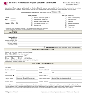 PTA Reflections Program Student Entry Form