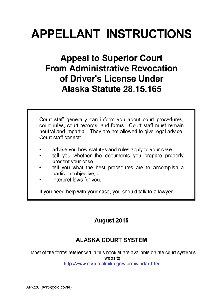 APPELLANT INSTRUCTIONS Appeal to Superior Court From Administrative Revocation of Driver 's License  Preview on Page 1