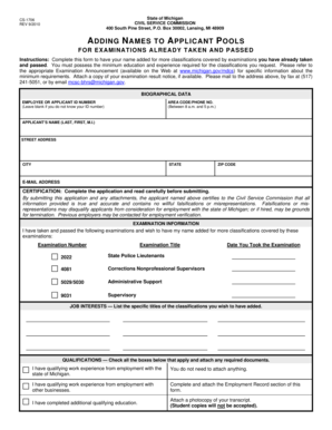 Michigan Civil Service Application for Adding Names to Applicant Pools