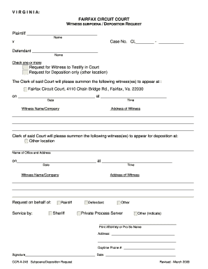 Virginia Witness Subpoena/Deposition Request
