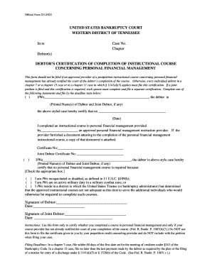 Debtor's Certification of Completion of Personal Financial Management Course
