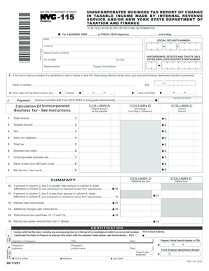 New York City Unincorporated Business Tax Report of Change