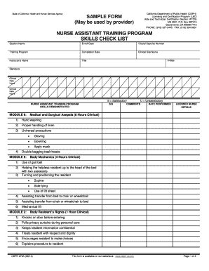 California Nurse Assistant Training Program Skills Checklist