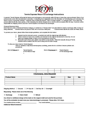 Tennis Express Return & Exchange Form