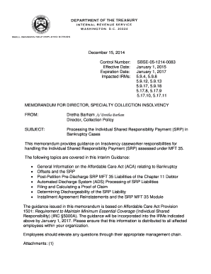 IRS Guidance on Individual Shared Responsibility Payment in Bankruptcy