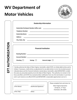 West Virginia Dealership EFT Authorization Form