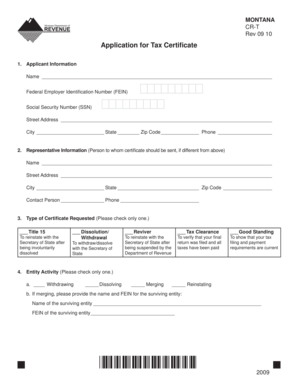 Montana Application for Tax Certificate