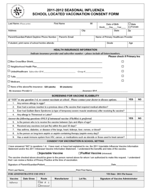 2011-2012 Seasonal Influenza School Vaccination Consent Form