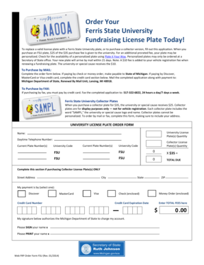 Ferris State University Fundraising License Plate Application