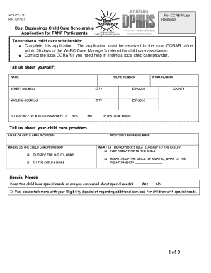 Best Beginnings Child Care Scholarship Application
