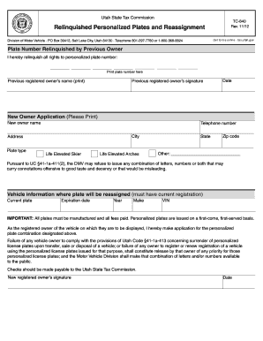 Utah Relinquished Personalized Plates Reassignment Form