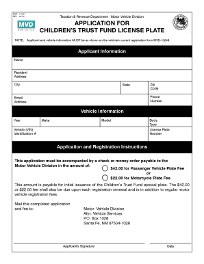 New Mexico Children's Trust Fund License Plate Application