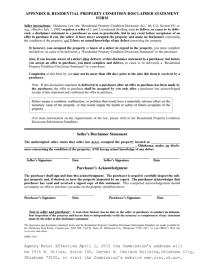 Oklahoma Residential Property Condition Disclaimer Statement