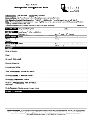 Alaska Medicaid Hemophilia Clotting Factor Form
